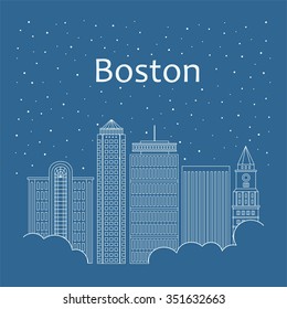 Boston landscape for banner. Boston city - snow is falling. Night life of Boston city. Hackathon, workshop in Boston. Holiday landscape in Boston city. Winter view in Boston city. Landscape city 