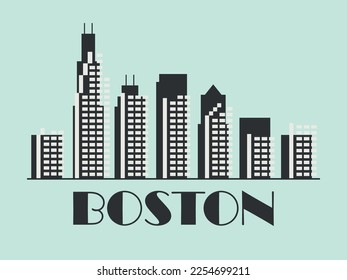 Boston landscape in vintage style. Retro banner of Boston city with skyscrapers in linear style. Design for print, posters and promotional materials. City logo. Vector illustration