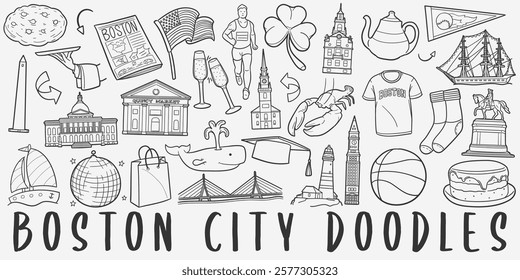 Boston, MA, USA Doodle Icons. Hand Drwan Made Line Art. Massachusetts City Clipart Symbol Design.	