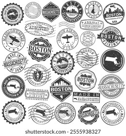 Boston, MA, USA Set of Stamps. City Travel Marks. Made In Product. Design Seals Old Style Insignia.