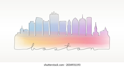 Boston, MA, USA Skyline Watercolor City Illustration. Famous Buildings Silhouette Hand Drawn Doodle Art. Vector Landmark Sketch Drawing.