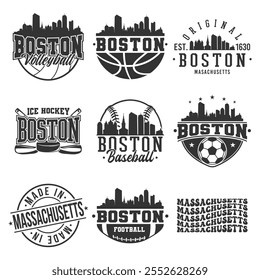 Boston, MA, EE.UU. Arte vectorial de Paquete deportivo. Emblema del Equipo de la escuela City Skyline.