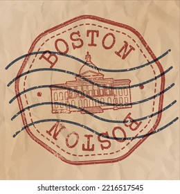 Boston, MA, USA Stamp City Travel Passport. Design Retro Symbol Country. Old Vintage Postmark.