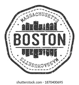 Postmark de Boston, MA, US Stamp Skyline. Pasaporte postal de Silhouette. Icono de vector de redondeo de ciudad. Diseño de rehenes vintage.