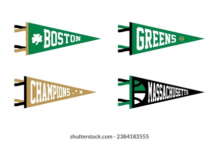 Boston, Massachusetts basketball Pennant Flags Set. Vector Football pendant Icons. University USA Sport flag, isolated