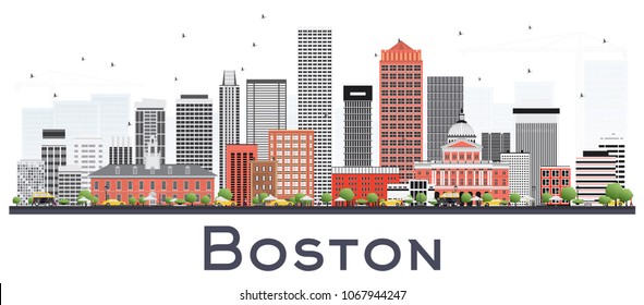 Boston Massachusetts Skyline with Gray and Red Buildings Isolated on White. Vector Illustration. Business Travel and Tourism Concept with Modern Buildings. Boston Cityscape with Landmarks.