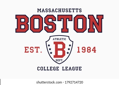 Boston, Massachusetts slogan typography graphics for t-shirt. College print for apparel. Tee shirt design with shield. Vector illustration.