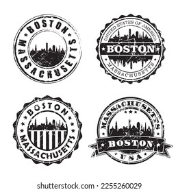 Boston Massachusetts Stamp Skyline Postmark. Silhouette Postal Passport. City Round Vector Icon Set. Vintage Postage 

Design.