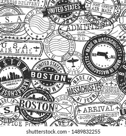 Boston Massachusetts Stamps. City Stamp Vector Art. Postal Passport Travel. Design Set Pattern.