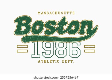 Boston, Massachusetts t-shirt design. College league style tee shirt with inscription with swash. Graphics for athletic clothes. Grunge print for vintage sport apparel. Vector illustration.