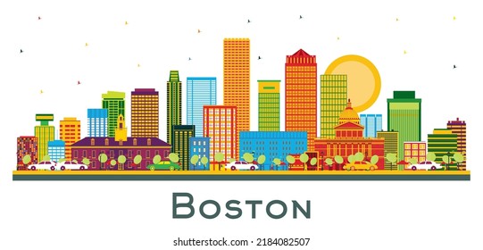 Boston Massachusetts USA City Skyline with Color Buildings and Blue Sky Isolated on White. Vector Illustration. Travel and Tourism Concept with Modern Buildings. Boston Cityscape with Landmarks.