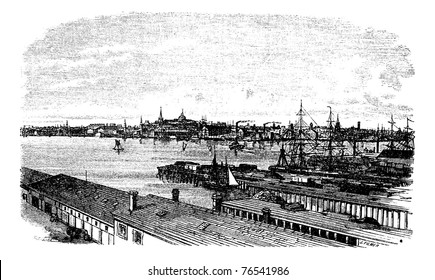 Boston, in Massachusetts, USA, during the 1890s, vintage engraving. Old engraved illustration of Boston. Trousset Encyclopedia