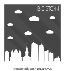 Boston Massachusetts USA Flat Icon Skyline Silhouette Design City Vector Art Famous Buildings Monochrome Background Clouds Sky