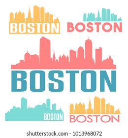 Boston Massachusetts USA Flat Icon Skyline Silhouette Design City Vector Art Famous Buildings Color Set.