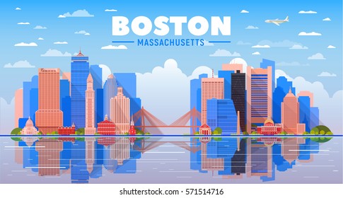 Boston ( Massachusetts, USA ) skyline with panorama in blue sky background. Vector Illustration. Business travel and tourism concept with modern buildings. Image for presentation, banner, web site.