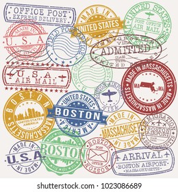 Boston Massachusetts USA Stamp Vector Art Postal Passport Travel Design Set badge.