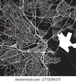 Boston Massachusetts Vector Map, Detailed City Street Map Black and White Minimalist Line Art