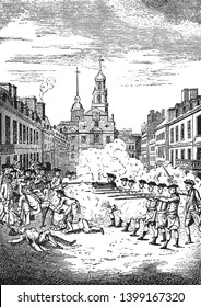  Boston Massacre, was as Incident  in which British Army soldiers shot and killed people,vintage line drawing or engraving illustration.