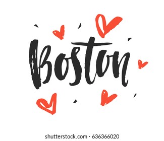 Boston modern city hand written brush lettering, isolated on white background. Ink calligraphy. Tee shirt print, typography card, poster design. Vector illustration.