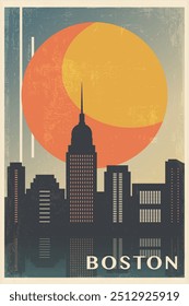 Cartel retro de la ciudad de Boston con Formas abstractas de horizonte, edificios. EE.UU., Ilustración vectorial de viaje vintage del estado de Massachusetts, paisaje urbano al amanecer, puesta del sol