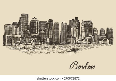 Skyline von Boston, große Stadtarchitektur, Vintage-gravierte Vektorgrafik, handgezeichnet, Skizze.