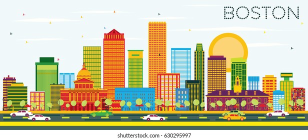 Boston Skyline with Color Buildings and Blue Sky. Vector Illustration. Business Travel and Tourism Concept with Modern Buildings. Image for Presentation Banner Placard and Web Site.