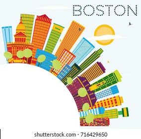 Boston Skyline with Color Buildings, Blue Sky and Copy Space. Vector Illustration. Business Travel and Tourism Concept with Modern Buildings.