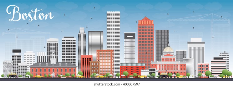 Boston Skyline with Gray and Red Buildings and Blue Sky. Vector Illustration. Business Travel and Tourism Concept with Modern Buildings. Image for Presentation Banner Placard and Web Site.