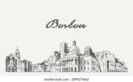 Boston skyline, Massachusetts, USA, hand drawn vector illustration, sketch