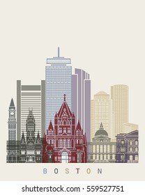 Boston Skyline Poster In Editable Vector File