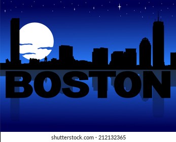 Línea aérea de Boston reflejada con texto e ilustración vectorial de la luna