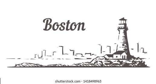 Boston skyline sketch. Boston, Massachusetts hand drawn illustration isolated on white background.