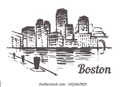 Dibujo de bocetos de Boston. Boston, Massachusetts dibujaron a mano ilustración aislada en fondo blanco.