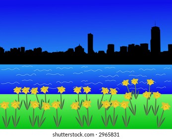 Boston skyline in springtime with daffodils in bloom