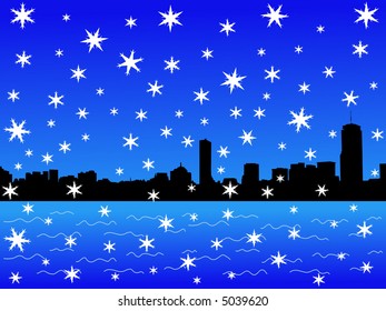 Boston skyline in winter with falling snow illustration