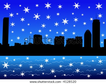 Boston Skyline in winter with falling snow illustration