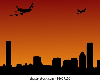 Boston skylines and two planes arriving illustration svg