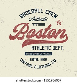 "Boston". Sport Theme. Vintage Textured Design for T Shirt. Print, Logo, Poster. Vector Illustration.