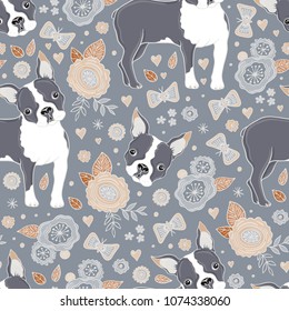 Boston terrier and beautiful flowers vector seamless pattern.