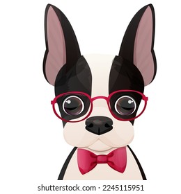 Boston terrier cool puppy with glasses and bow portrait in cartoon style isolated on white background. Cute dog, print design