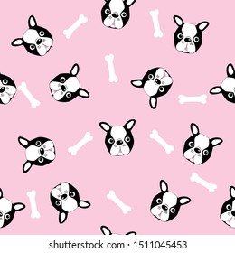 Boston terrier cute heads, fashionable seamless pattern. Perfect for textile, wallpaper, wrapping paper, hand drawn vector design.