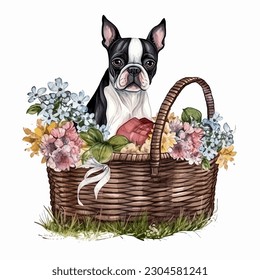 Boston Terrier Dog Breed in Picnic Basket with Flowers Watercolor Vector Illustration