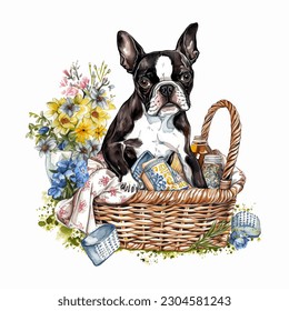 Boston Terrier Dog Breed in Picnic Basket with Flowers Watercolor Vector Illustration