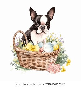 Raza de Perro Terrier de Boston en cesta de picnic con ilustración de vectores acuáticos de flores