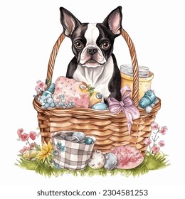 Raza de Perro Terrier de Boston en cesta de picnic con ilustración de vectores acuáticos de flores