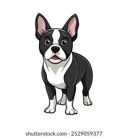 Ilustração do vetor da raça de cachorro Boston Terrier isolada no fundo branco no estilo de desenho animado.