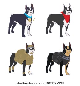 Caricatura del perro del Boston Terrier con varios accesorios y ropa. Paquete vectorial de Dog Illustration aislado en fondo blanco