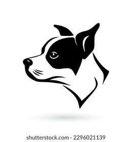 Logo de Boston Terrier Dog con la cabeza de un perro sobre un fondo blanco al estilo de Creative Commons Attribution. Diseño de ilustraciones vectoriales con un icono de un Boston Terrier blanco y negro