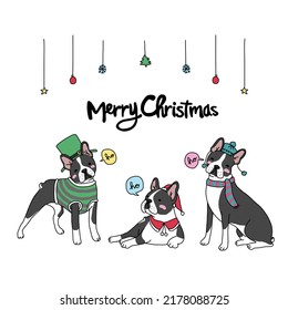 Boston terrier dog Merry Christmas cartoon vector illustration