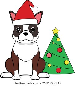 Boston terrier dog on Christmas day vector illustration